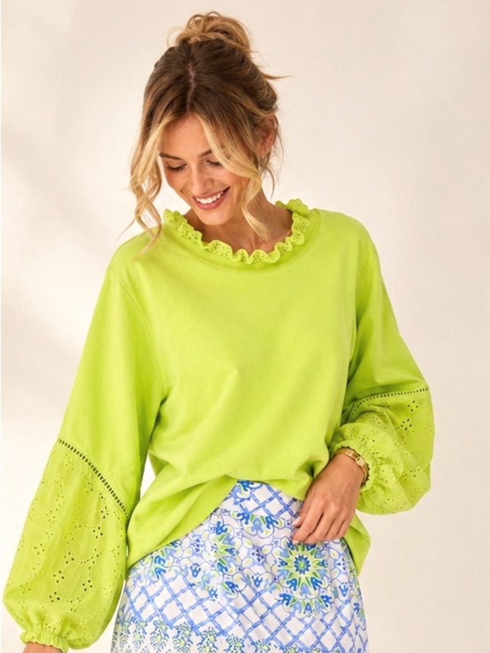 Calligraphie XL Lime Green Eyelet Back Puff Sleeve Cotton Blouse